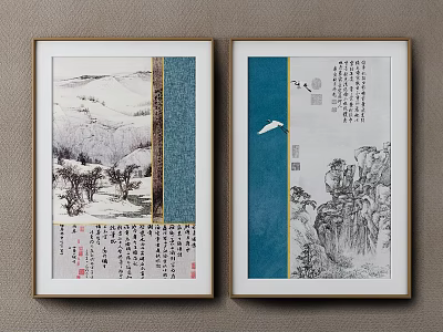 Abstract Painting with Chinese Mountain Landscape White Crane Calligraphy and Blue Beige Borders Wall Art 3d model