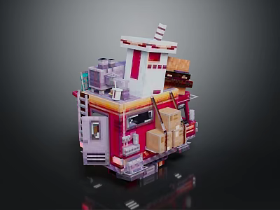 Miniature House Structure With Pink White Walls Windows Ladder Boxes And Striped Roof 3d model