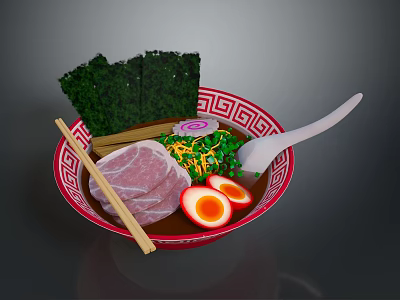 Red Ramen Bowl with Sliced Meat Soft Boiled Eggs Nori Green Herbs Chopsticks and Spoon 3d model