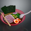 Red Ramen Bowl with Sliced Meat Soft Boiled Eggs Nori Green Herbs Chopsticks and Spoon