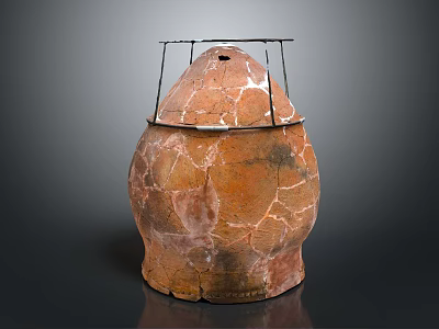 Rustic Ceramic Vessel With Cracked Surface And Metal Top Frame Structure 3d model