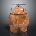 Rustic Ceramic Vessel With Cracked Surface And Metal Top Frame Structure