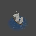 Medieval Naval Weaponry Mounted On Wooden Sailing Ship With White Sails Floating On Water