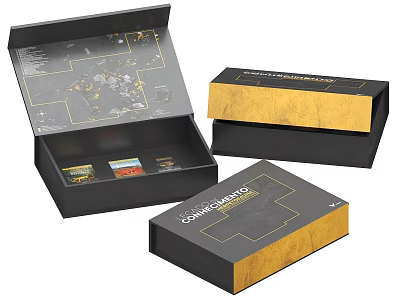 Black And Gold Product Boxes With Open Design And Interior Items 3d model