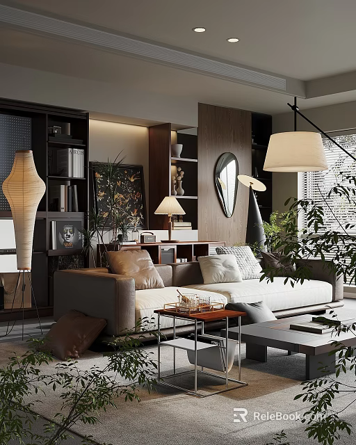Modern Elegant Living Room Interior With Gray Sofa Wooden Bookshelves Floor Lamp And Green Plants 3d model 
