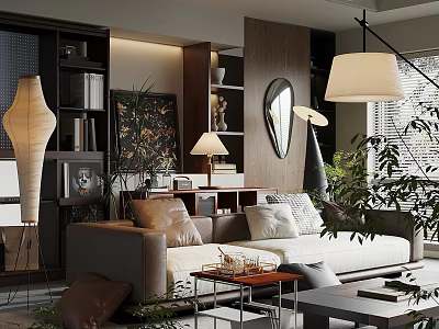Modern Elegant Living Room Interior With Gray Sofa Wooden Bookshelves Floor Lamp And Green Plants 3d model
