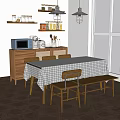 Cozy Modern Dining Table Set With Checkered Cloth Chairs Bench Wooden Cabinet And Pendants
