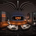 Modern KTV Lounge With Orange Sofa Coffee Tables Screen Decorative Lights And Astronaut Model