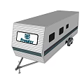 White Travel Trailer With Windows Wheels And Safe Brand Logo