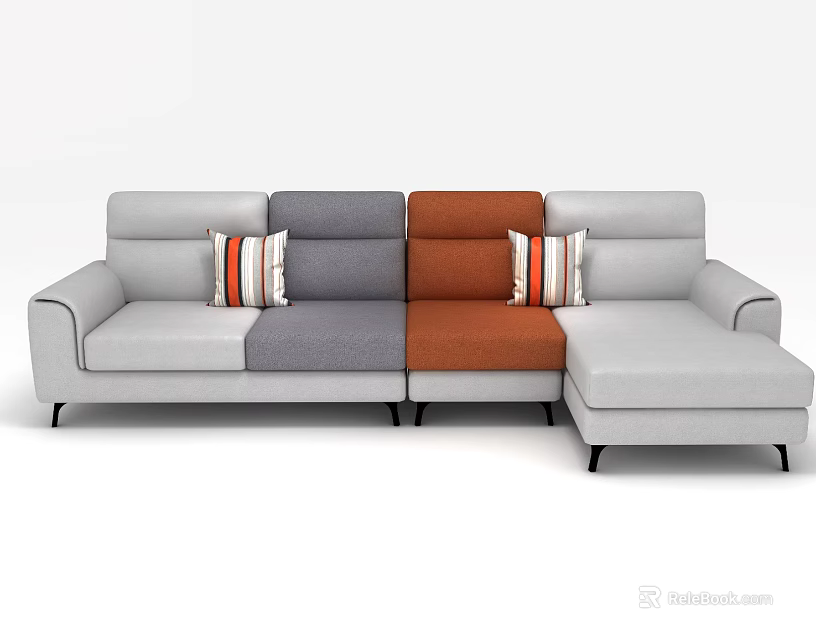 Modern Sectional Sofa With Light Gray Orange Patchwork And Striped Pillows 3d model