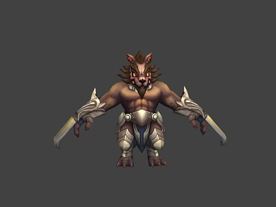 Fantasy Game Character With Lion Head Muscular Body Armor And Dual Swords 3d model