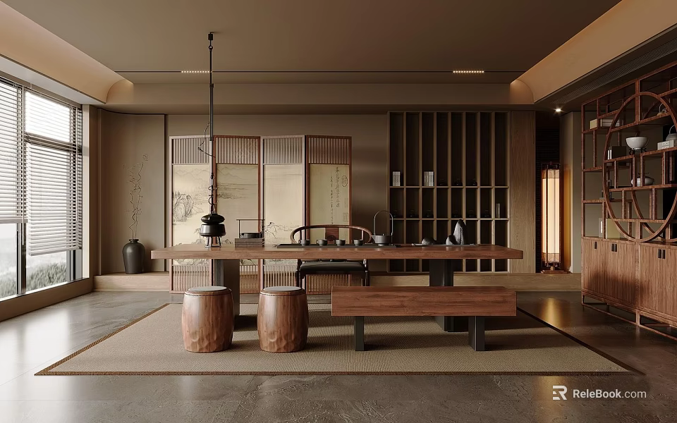 Modern Tea Room Interior Design With Wooden Long Table Round Stools Bookshelves Screen And Lantern 3d model 