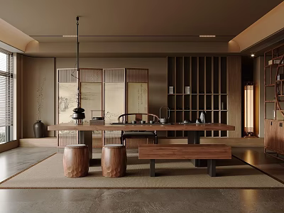 Modern Tea Room Interior Design With Wooden Long Table Round Stools Bookshelves Screen And Lantern 3d model