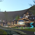 Scenic Wooden Guesthouse Buildings In Forest With Slide Stream And Road