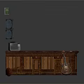Vintage Music Bar Setup With Wooden Counter Red Stools Guitar And Speakers