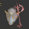 Purple Shield And Decorative Staff With Heart Shaped Emblem And Ornate Details