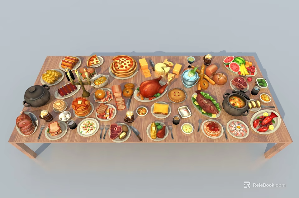 Assorted Delicious Foods on Table with Meats Fruits and Pastries 3d model 