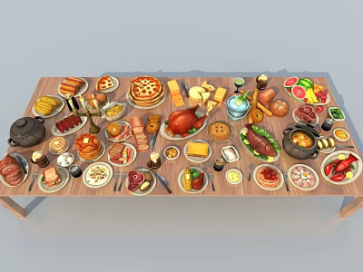 Assorted Delicious Foods on Table with Meats Fruits and Pastries 3d model