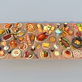Assorted Delicious Foods on Table with Meats Fruits and Pastries