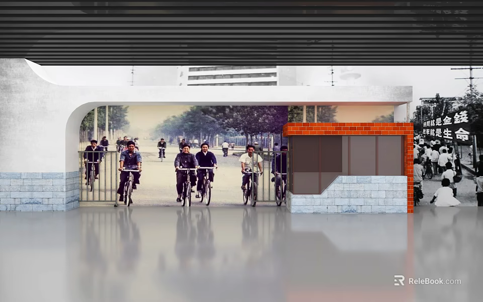 Museum Entrance Scene With People Riding Bicycles And Mural On Brick Wall 3d model 