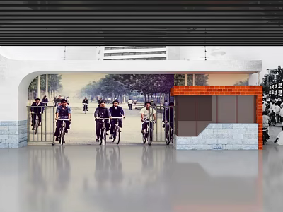 Museum Entrance Scene With People Riding Bicycles And Mural On Brick Wall 3d model