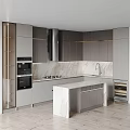 Modern Kitchen Interior Design With Marble Island Countertop And Gray Cabinets Range Hood
