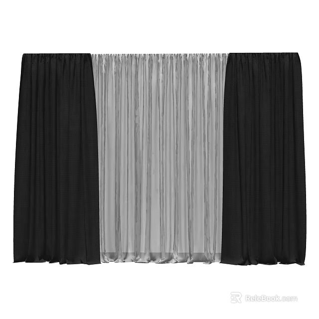 Black and Gray Curtains with Sheer Center Panel and Solid Side Panels for Modern Interior 3d model 