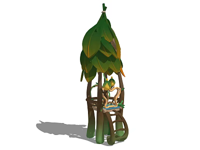 Garden Ornamental Structure With Leaf Covered Roof And Wooden Frame Platform 3d model