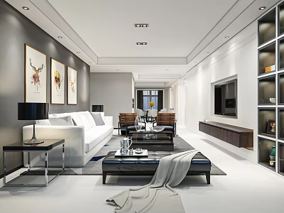 Modern Living Dining Room Interior With White Sofa Coffee Table TV And Decorative Paintings 3d model