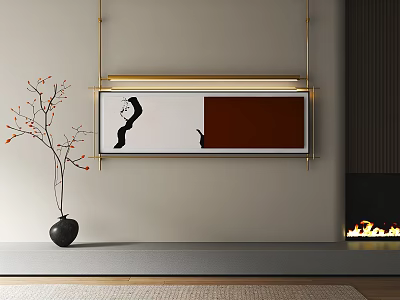 Modern Interior Design Featuring Gold Framed Art Black Vase With Red Berry Twigs And Fireplace 3d model