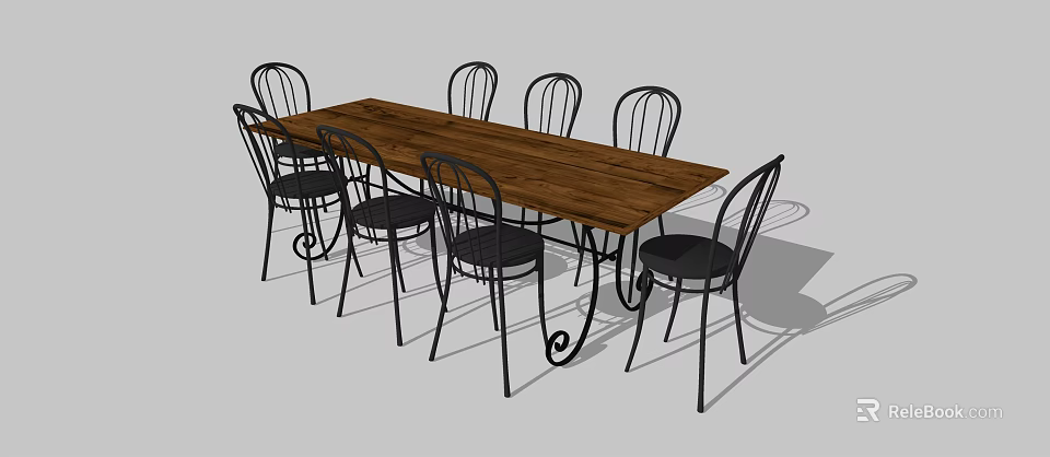 Stylish Modern Wooden Dining Table Set With Eight Black Metal Chairs 3d model 