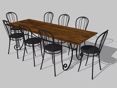 Stylish Modern Wooden Dining Table Set With Eight Black Metal Chairs 3d model