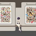 Colorful Abstract Paintings With Dynamic Patterns On Wall In Modern Interior With Sculpture
