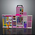 Pink Electronic Appliance Toy Storage Case With Small Fan Clothes Hangers And Mini Furniture