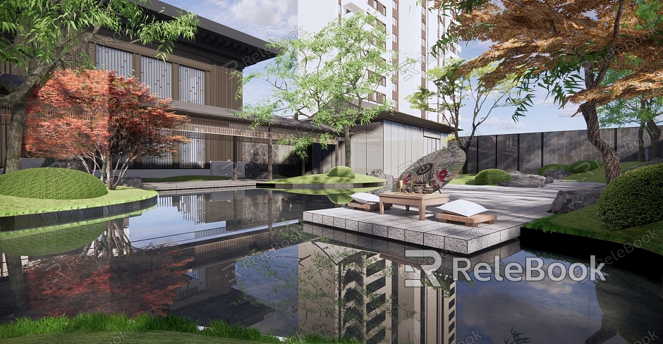 New Chinese Courtyard Zen Landscape Demonstration Area Landscape Mirror Waterscape Landscape Corridor Courtyard Garden Glass Wall model