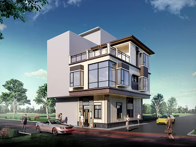 Modern Two story Detached Villa Exterior Design With Balcony Large Windows And Driveway Trees 3d model