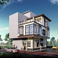 Modern Two story Detached Villa Exterior Design With Balcony Large Windows And Driveway Trees