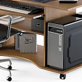 Wooden Office Desk Setup With Computer Monitor Keyboard Mouse Speakers And Chair