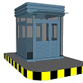 Blue Security Booth With Glass Windows On Yellow Black Striped Platform