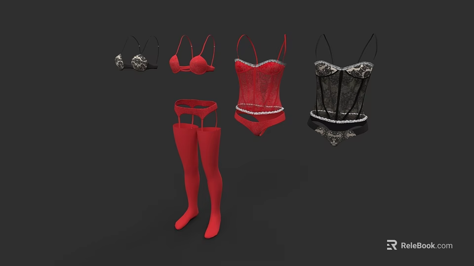 Fashionable Lingerie Collection with Red Black Lace Bras Corsets and Stockings 3d model 