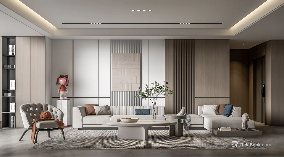 Modern Living Room Interior Design With Neutral Sofa Coffee Table Area Rug And Wall Art 3d model 