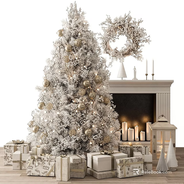 White Christmas Tree with Gold Ornaments Gift Boxes Around Fireplace and Wreath Decoration 3d model 