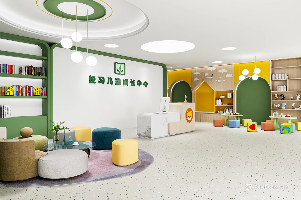 Kindergarten Interior Design With Colorful Round Seats Bookshelves Reception Area And Pendant Lights 3d model 