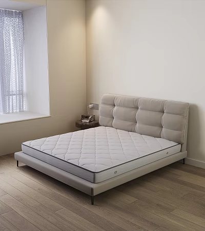 Double Bed With Light Beige Upholstered Headboard And Quilted Mattress Near Nightstand With Table Lamp 3d model