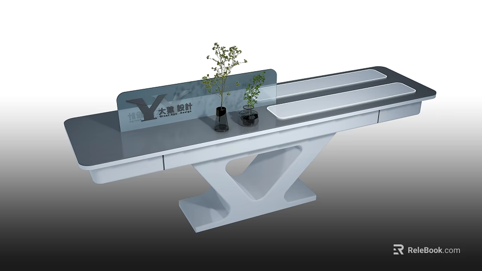 Modern Reception Desk With Transparent Panel White Base Company Logo And Small Plants 3d model 