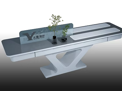 Modern Reception Desk With Transparent Panel White Base Company Logo And Small Plants 3d model