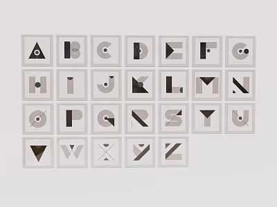 Minimalist A to Z Alphabet Design with Geometric Shapes in Black and White Square Frames 3d model
