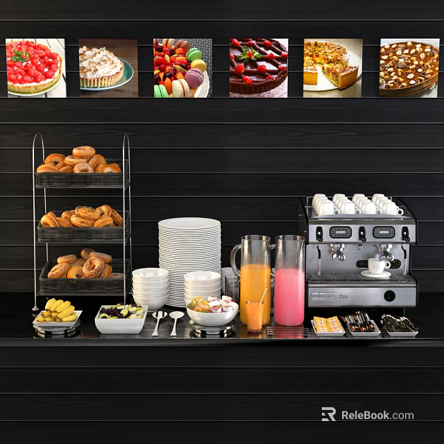 Complete Tableware Set for Breakfast Buffet with Desserts Pastries Plates Glasses and Coffee Machine 3d model 
