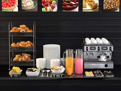 Complete Tableware Set for Breakfast Buffet with Desserts Pastries Plates Glasses and Coffee Machine 3d model