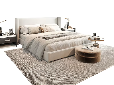 Elegant Modern Double Bed Interior With Beige Upholstery Side Tables And Area Rug 3d model